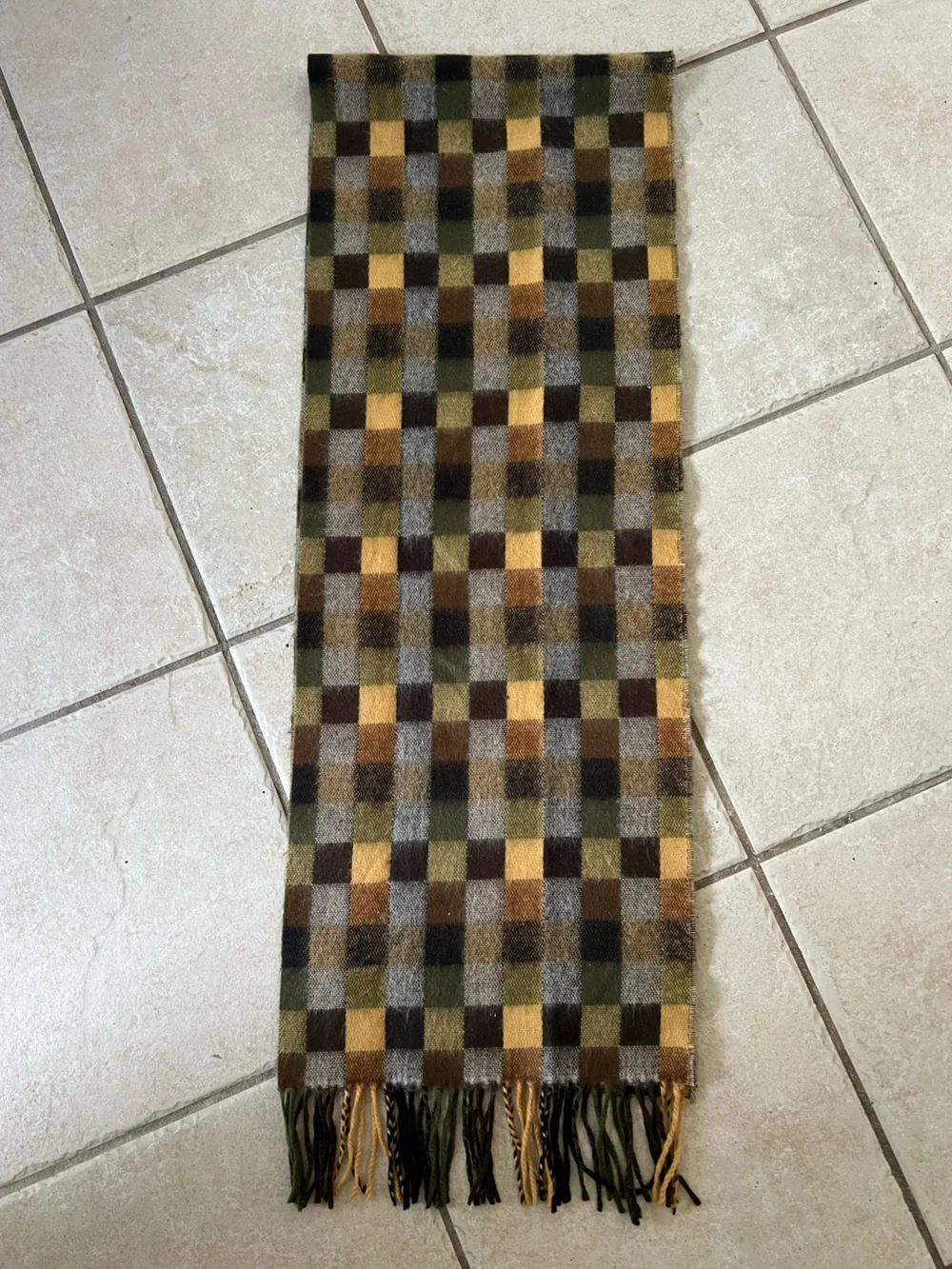 Men 100% CASHMERE SCARF Made in England Soft Wrap Plaid Black / Green/Brown
